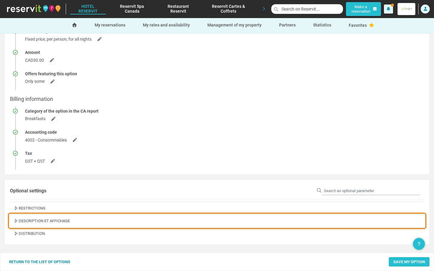 DESCRIPTION ET AFFICHAGE section highlighted in the optional settings